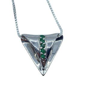 Sterling Silver Pave Emerald Triangle Pendant Necklace Signed Gemstone Statement